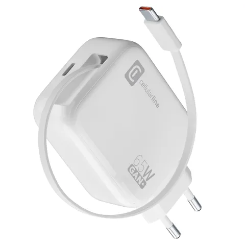 Cellularline Caricabatterie da Rete 65W con Cavo Retrattile USB-C 90cm, Tecnologia GaN